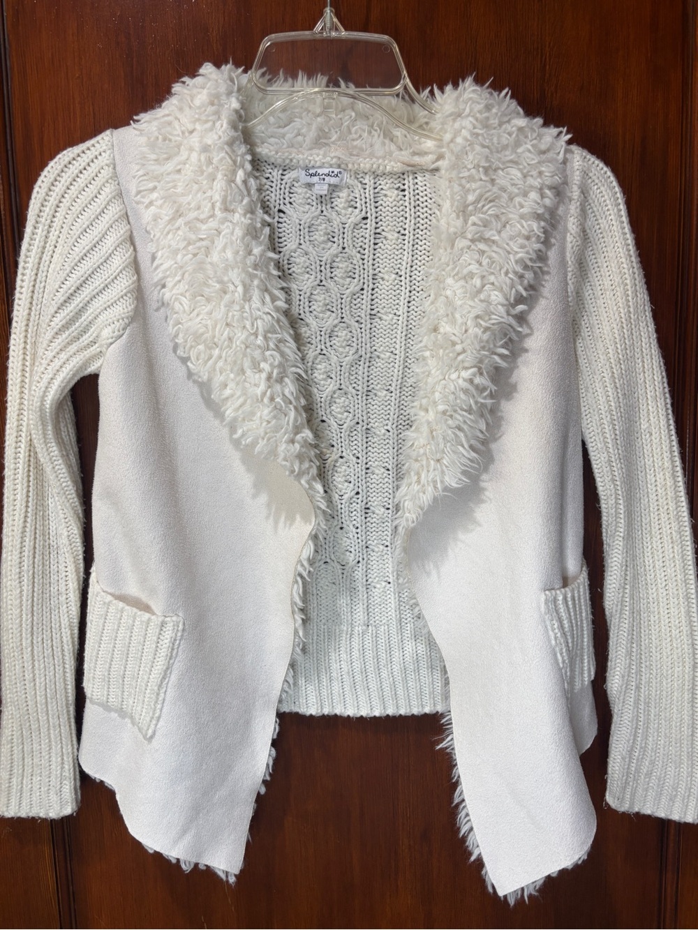 Splendid girls size 7/8 Cream Faux-Fur Trim Knit Sweater Cardigan
